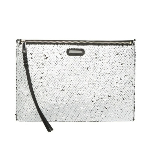 NWOT Rebecca Minkoff silver and black large reversible sequin clutch - Picture 2 of 11